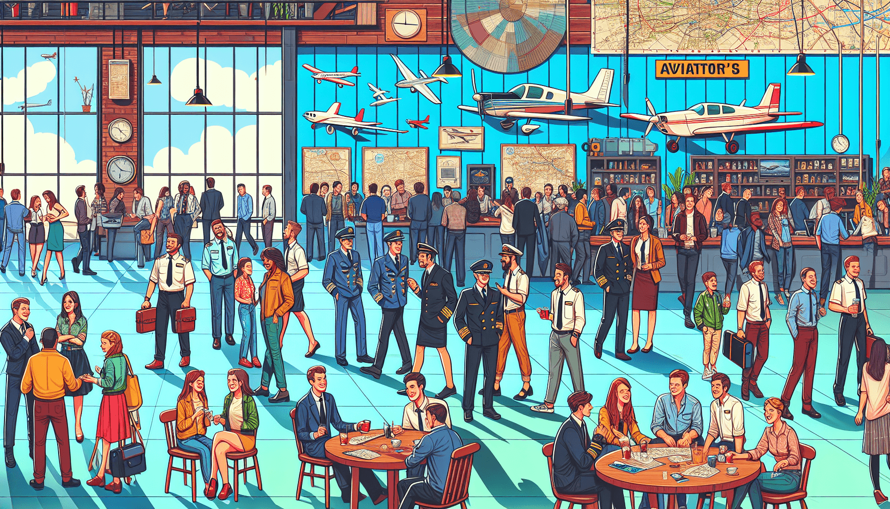 Ilustração de personagens reunidos na área central do Aviator